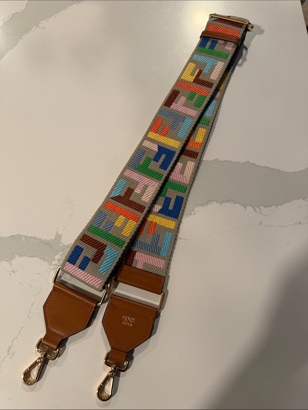 Fendi Multicolor Logo Webbing Strap with Brown Leather Ends
